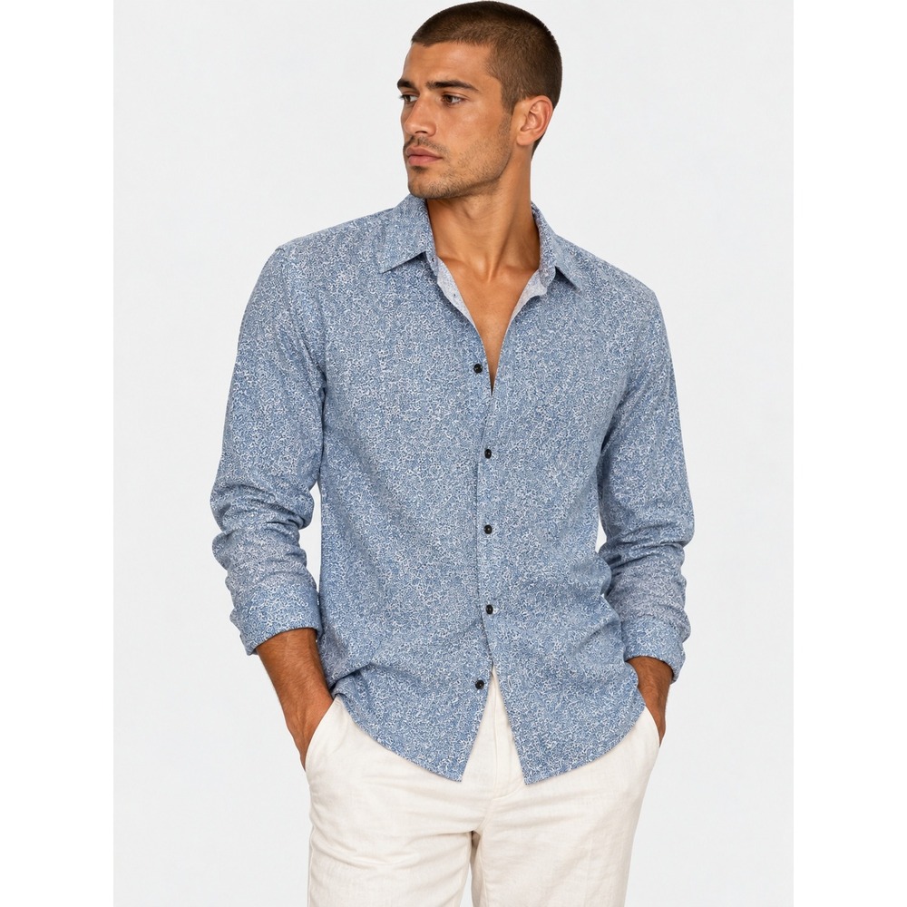 Sisley Blue White Floral Leaf Print 100% Cotton Long Sleeve Button Down Shirt S